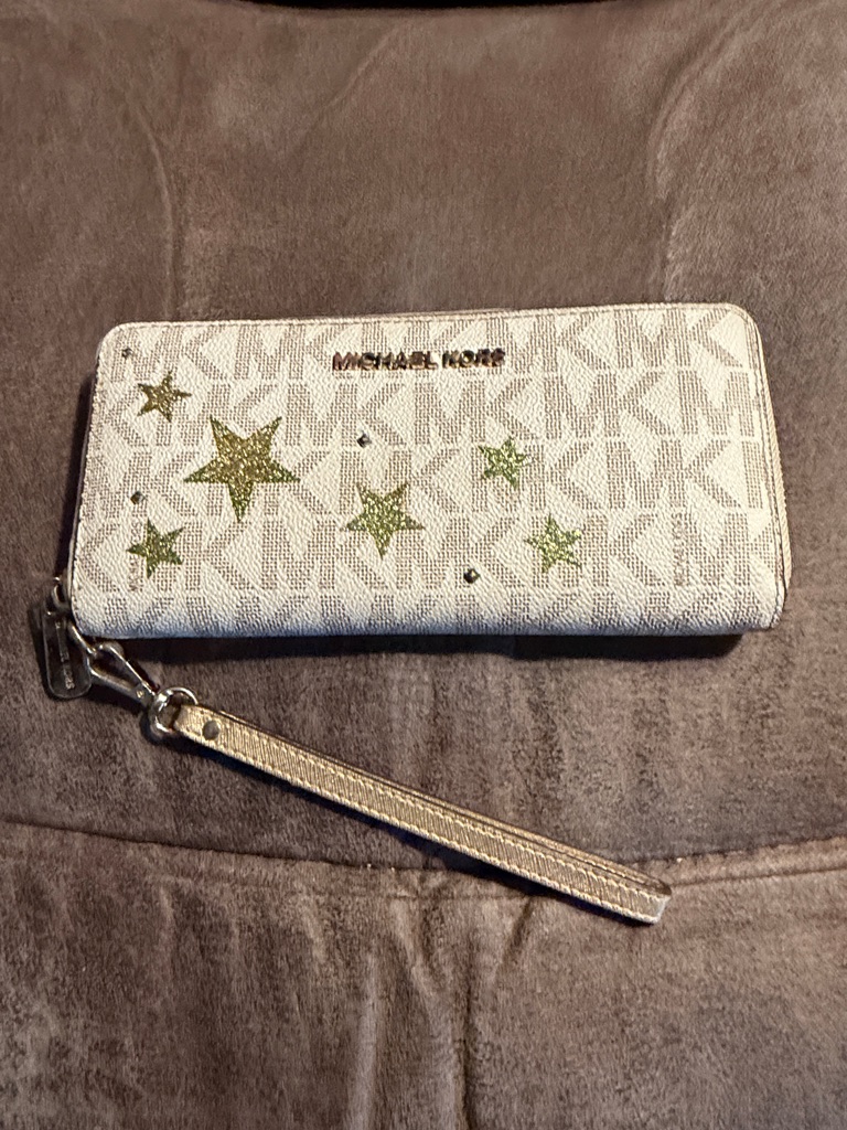 Michael Kors White Logo Zip-Around Wristlet With Goldstar Accents 8 X 4